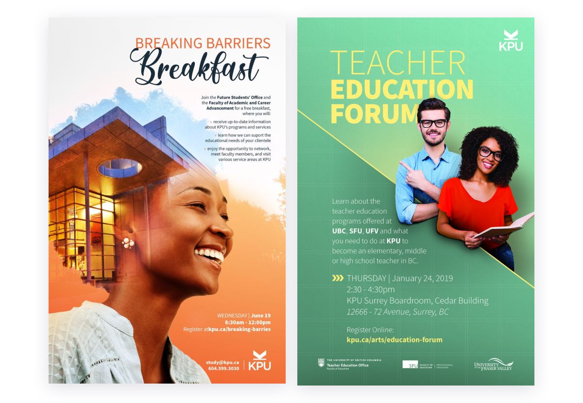 KPU posters snippets: breaking barries breakfast and teacher education forum